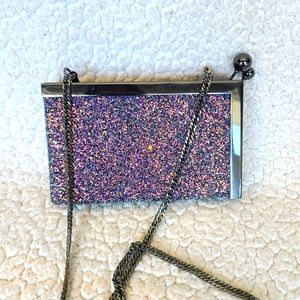 Zara Glittery Multicolor Clutch with Silver Frame